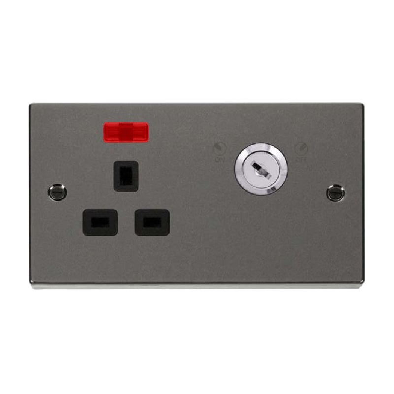 Click Deco 13A 1G Double Pole Key Lockable Socket with Neon Black Nickel Insert Black