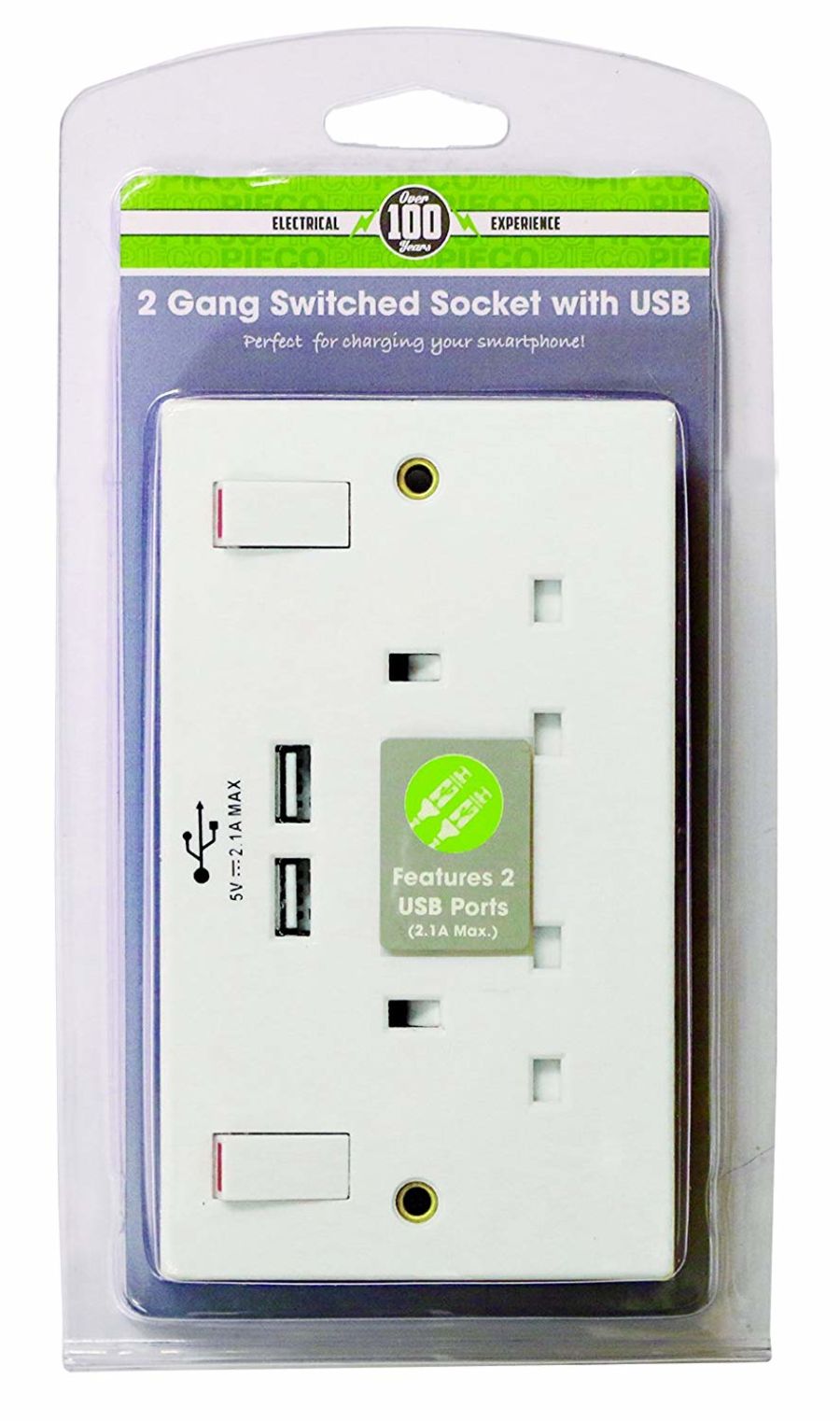 PIFCO White Double Switched Socket - 2 Gang With Usb Ports Charger