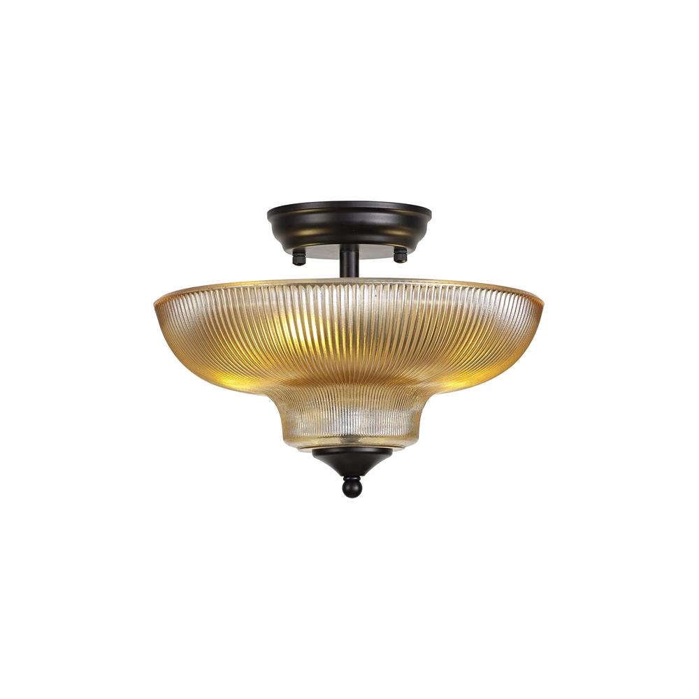 Luxuria Sirius Flush Ceiling Light 2xE27 With Round 30cm Glass Shade Matt Black/Amber