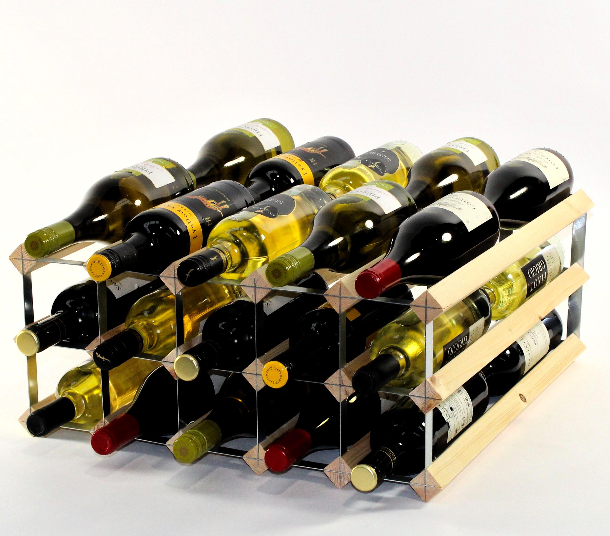 Double depth 30 bottle wine rack - Pine Wood - Galvanised metal