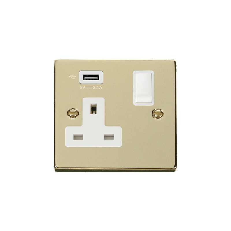 Click Deco 13A 1G Switched Socket with Single 2.1A USB Polished Brass Insert White