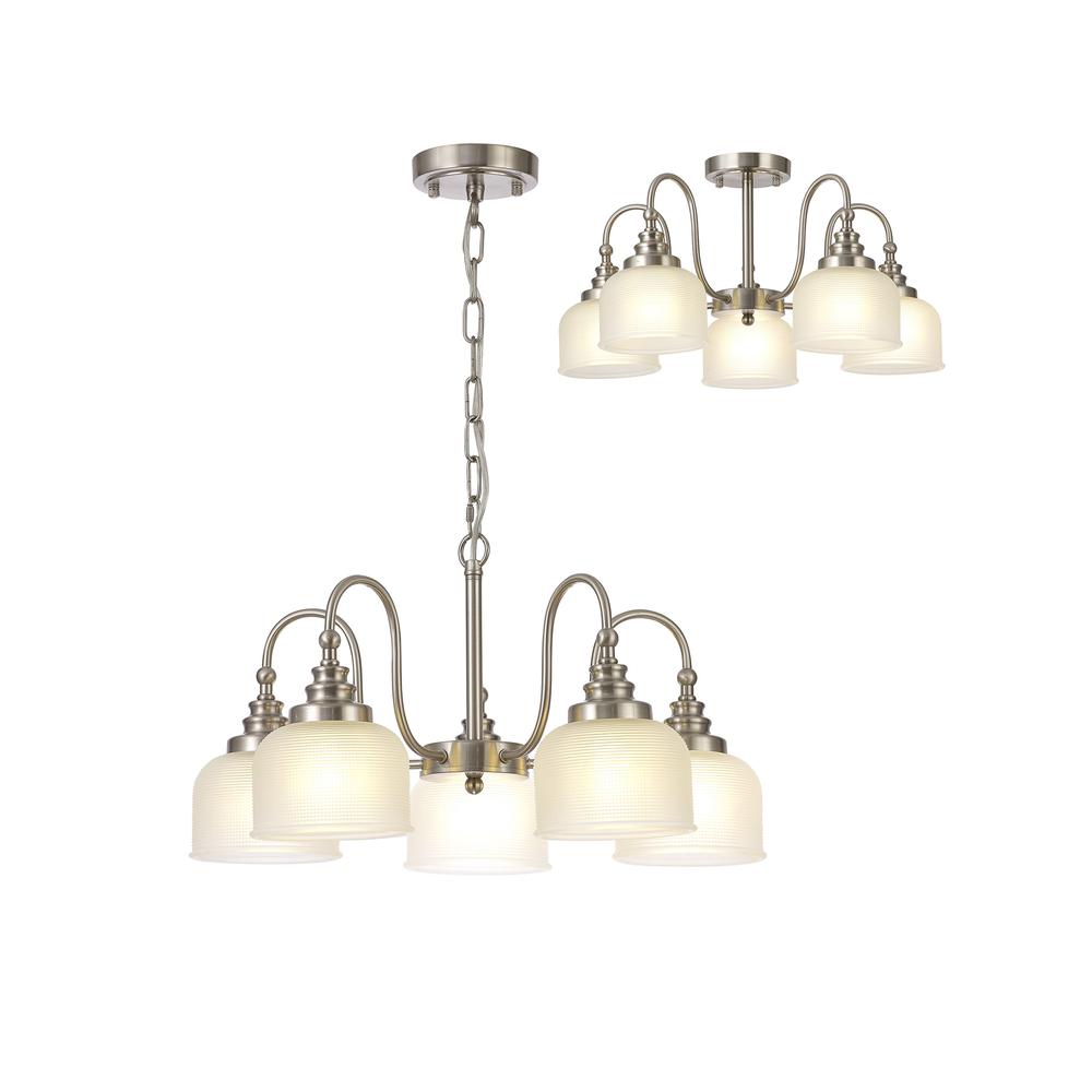 Luxuria Toussenel 57cm Semi Flush/Pendant 5 Light E27 Satin Nickel/Frosted Glass