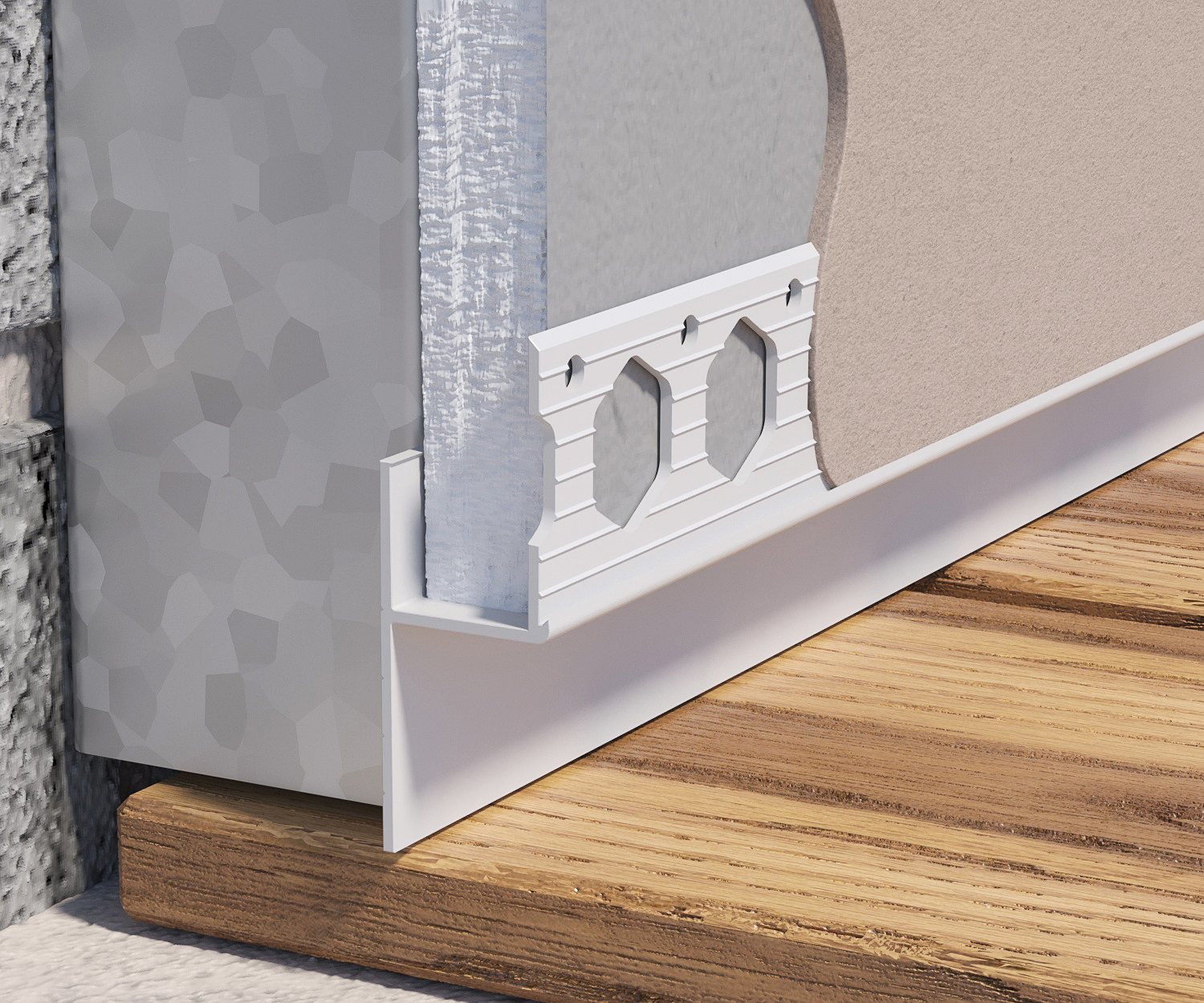 Renderplas shadow gap beads throw shade on skirting boards, architraves and cornices