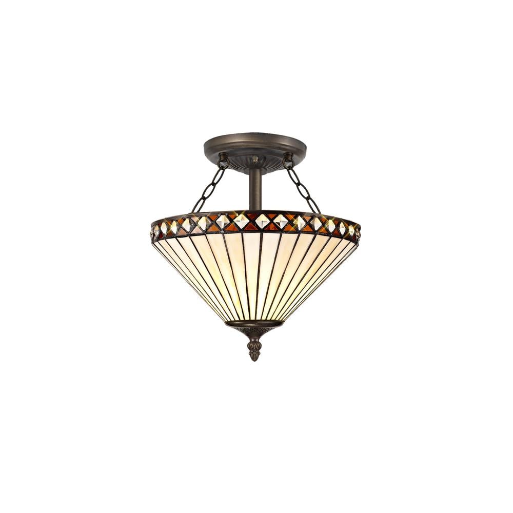 Luxuria Peacock Feather 30.5cm 2 Light Semi Flush E27 With 30cm Tiffany Shade Amber/Cream/Crystal/Aged Antique Brass