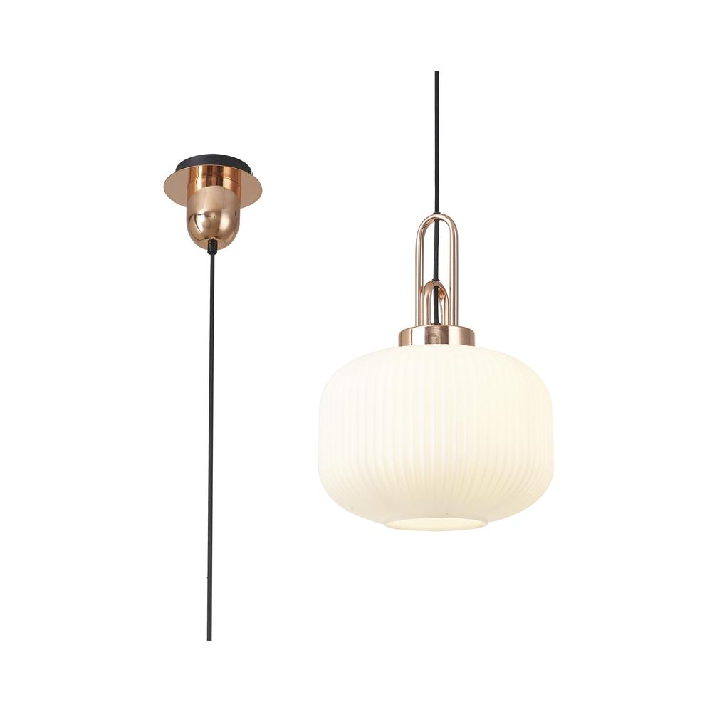 Luxuria Kennith Pendant Light E27 With 30cm Pumpkin Shaped Ribbed Glass Opal Copper/Matt Black