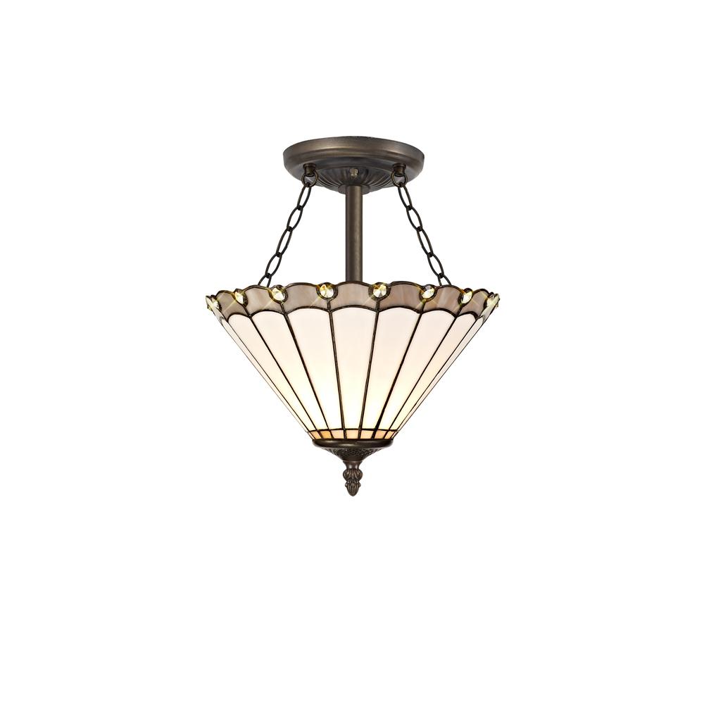 Luxuria Sleek 3 Light Semi Flush E27 With 30cm Tiffany Shade Grey/Cream/Crystal/Aged Antique Brass