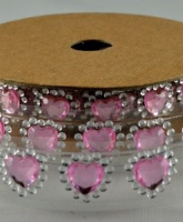 Pink Diamante hearts self adhesive trim / strip / tape 15mm x 1 Metre roll 88064