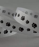 16mm White grosgrain ribbon with printed black paw print design x 20Mtr Roll
