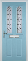 2 Panel 2 Arch Zinc/Brass Art Clarity Timber Solid Core Door in Duck Egg Blue