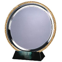 20CM SILVER METAL SALVER with Gold Ribbed Edge.