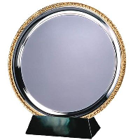 25CM SILVER METAL SALVER with Gold Ribbed Edge.