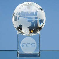 8CM OPTICAL GLASS GLOBE PAPERWEIGHT ON CLEAR TRANSPARENT BASE.