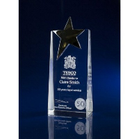 CRYSTAL GLASS TAPERED STAR PAPERWEIGHT OR AWARD.