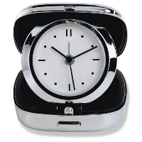 FOLDING ROUND ANALOGUE TRAVEL ALARM CLOCK in Square Shiny Silver Chrome Metal Case.