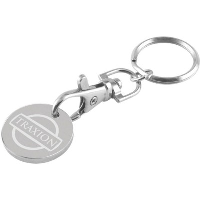 NICKEL PLATED ENGRAVED TROLLEY COIN KEYRING.