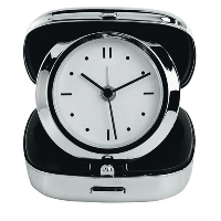 TRAVEL ALARM CLOCK in Polished Silver Chrome Box.