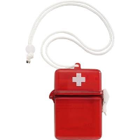 WATERPROOF FIRST AID KIT in Plastic Case with Carry Cord in Red.