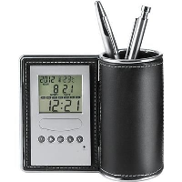 Desk Clock And Pen Holder In Black Pu Plastic