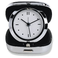 Folding Round Analogue Travel Alarm Clock In Square Shiny Silver Chrome Metal Case