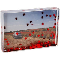 Heart Shape Red Sequins And Liquid Filled Acrylic Cube Block With Large Branding Area