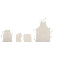 Twill Cotton 250 Gsm Apron Set With Potholder, Oven Mitt In Self Material Cord Bag
