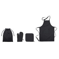 Twill Cotton 250 Gsm Apron Set With Potholder, Oven Mitt In Self Material Cord Bag