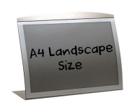 A4 Landscape silver curved satellite countertop menu poster holder.