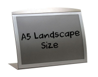A5 Landscape silver curved satellite countertop menu poster holder.