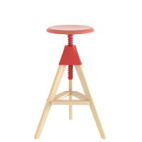 Magis Tom Bar Stool - Height Adjustable - Red seat, joint & screw / Natural frame