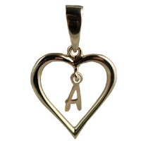9ct 18x18mm heart with a hanging Initial &#39;A&#39; with bail