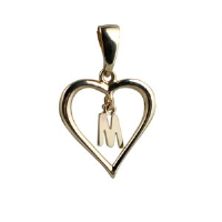 9ct 18x18mm heart with a hanging Initial &#39;M&#39; with bail
