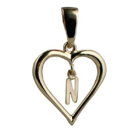 9ct 18x18mm heart with a hanging Initial &#39;N&#39; with bail