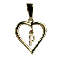 9ct 18x18mm heart with a hanging Initial &#39;P&#39; with bail