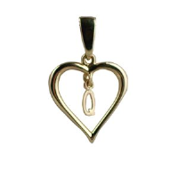 9ct 18x18mm heart with a hanging Initial &#39;Q&#39; with bail