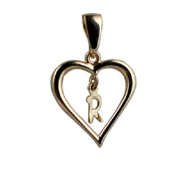 9ct 18x18mm heart with a hanging Initial &#39;R&#39; with bail