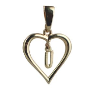 9ct 18x18mm heart with a hanging Initial &#39;U&#39; with bail