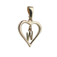 9ct 18x18mm heart with a hanging Initial &#39;W&#39; with bail