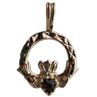 9ct 20x15mm diamond cut Claddagh set with Garnet Pendant