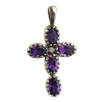 9ct 25x16mm Cross Gem set with 5 Amethyst and 1 pearl