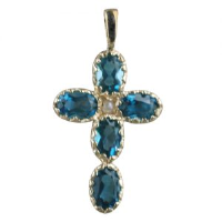 9ct 25x16mm Cross gem set with 5 blue Topaz and 1 pearl