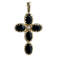 9ct 25x16mm Cross Gem set with 5 dark sapphires and 1 pearl