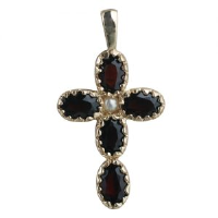 9ct 25x16mm Cross Gem set with 5 Garnets and 1 pearl