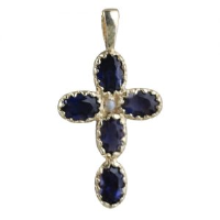 9ct 25x16mm Cross Gem set with 5 Iolite and 1 Pearl