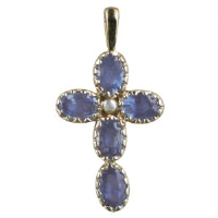 9ct 25x16mm Cross gem set with 5 Sapphires and 1 pearl