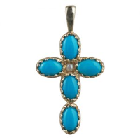 9ct 25x16mm Cross Gem set with 5 Turquoise and 1 pearl
