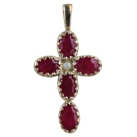 9ct 25x16mm Gem set Cross with 5 Rubies and 1 pearl