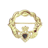9ct 28x30mm twisted cord top Claddagh Brooch set with Green Agate and CZ&#39;s