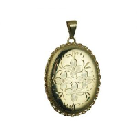 9ct 37x28mm oval hand engraved flowers twisted wire edge Locket