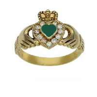 9ct Gold 13mm Green Agate & CZ set ladies Claddagh Ring Sizes J-Q
