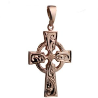 9ct rose 35x24mm hand engraved Celtic Cross with bail